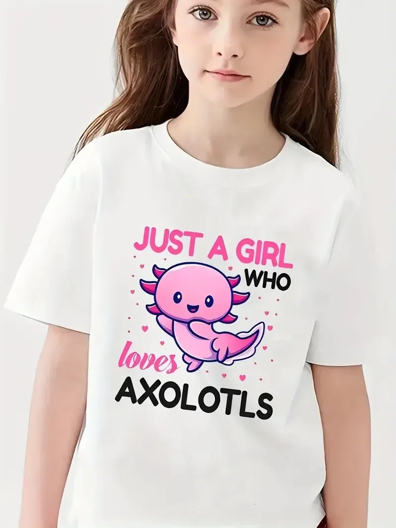مجرد فتاة تحب AXOLOTLS طباعة جرافيك أنيمي للفتيات، تي شيرت مريح ومناسب بلوفر علوي للصيف للنشاط الخارجي #1