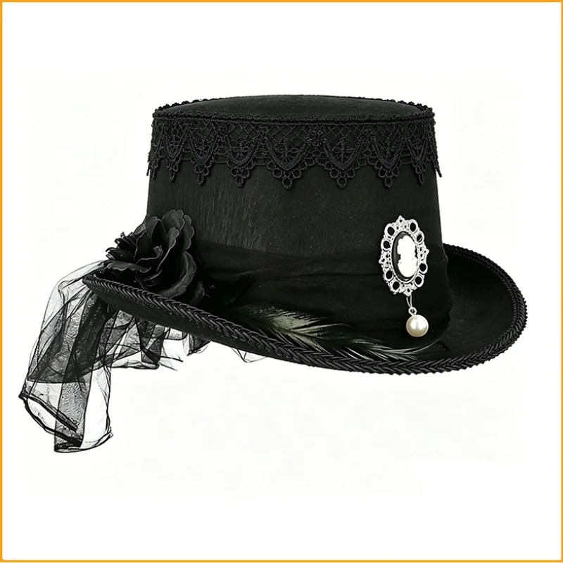 Gothic black lace top hat retro relief portrait pearl accessories high top hat dark stage hat