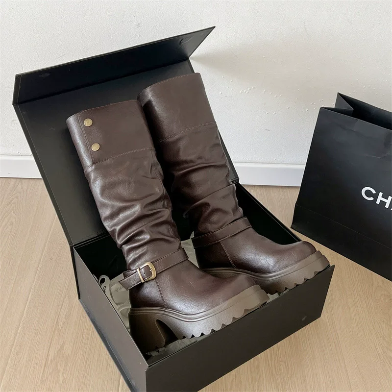 Длинные сапоги на платформе в британском стиле в стиле ретро, женские тонкие рыцарские сапоги, увеличивающие рост, сапоги до колена на массивном каблуке