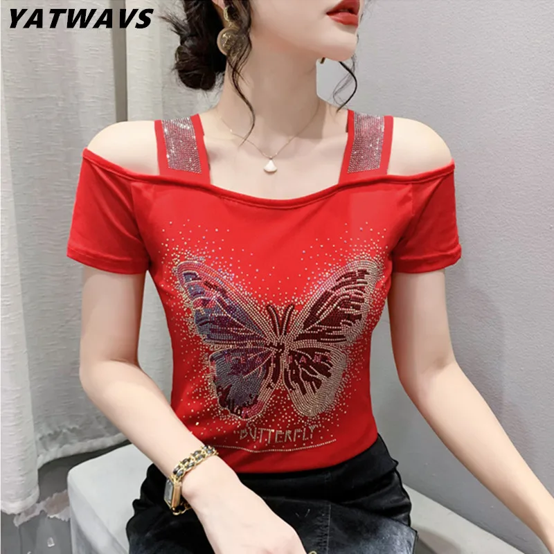 Summer New Chic Luxury Butterfly Hot Diamonds T-shirt High Quality Women Short Sleeve Top Streetwear Girl Off Shoulder Mesh Tees