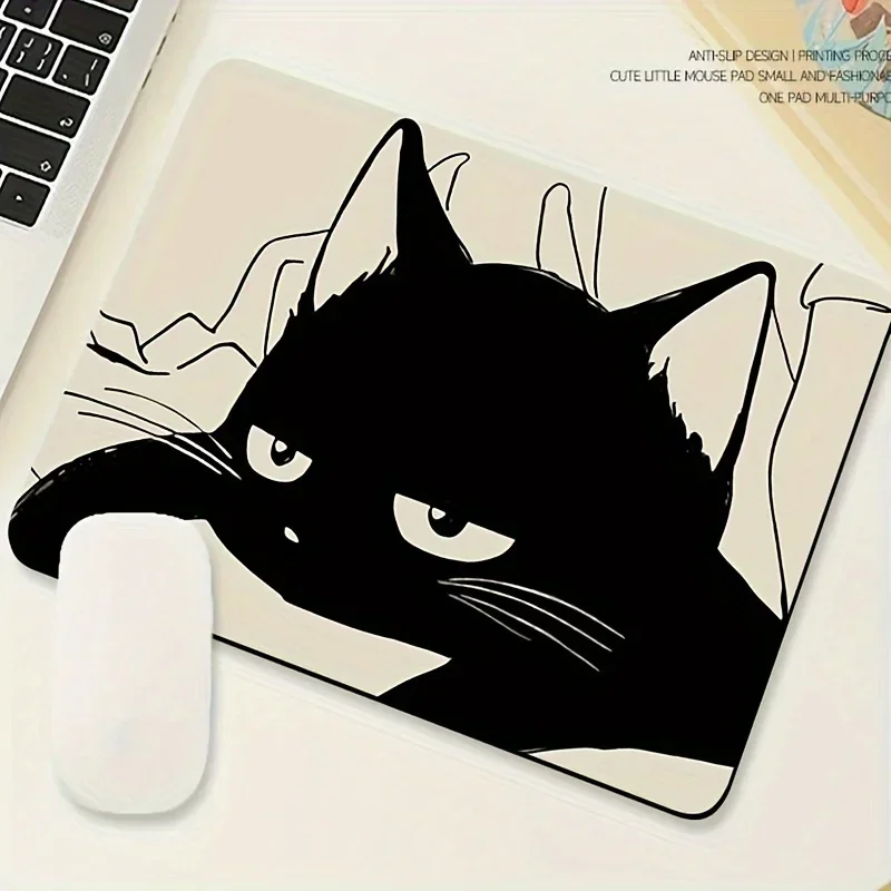 Black Cat Illustration Mouse Pad Small Office Table Mats Computer Accessories Washable Non-slip Rubber with Precision Lock Edge