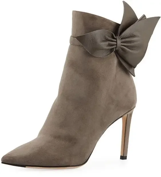 

Bow Tie Suede Leather Women Ankle Boots Pointed Toe Thin Heels Boots Sexy Black/nude Boots Large Size Side Zipper Fashion Shoes