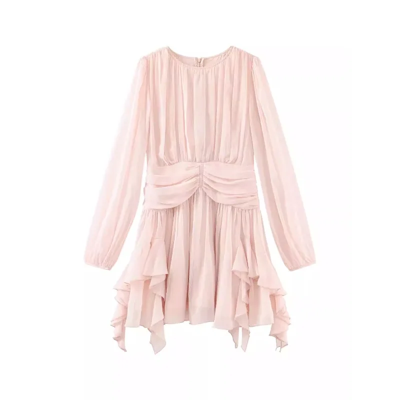 Gaun Midi Chiffon Lengan Panjang Elegan, Lembut, dan Bergaya dengan Desain Ruffle Prancis, Pinggang Ramping, dan Potongan Feminin untuk Wanita