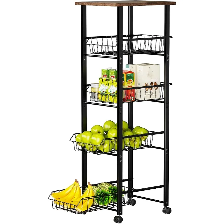 

Fruit Vegetable Basket for Kitchen 5 Tier Kitchen Organizer and Storage Cart with Wheels SlideOut Baskets and Wood Top Rolling