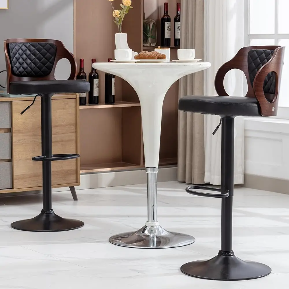 Barhocker-Set mit 2, höhenverstellbaren Hockern aus Bugholz mit Rückenlehne, Armlehne und Fußstütze, drehbare Barstühle aus Pu-Leder für