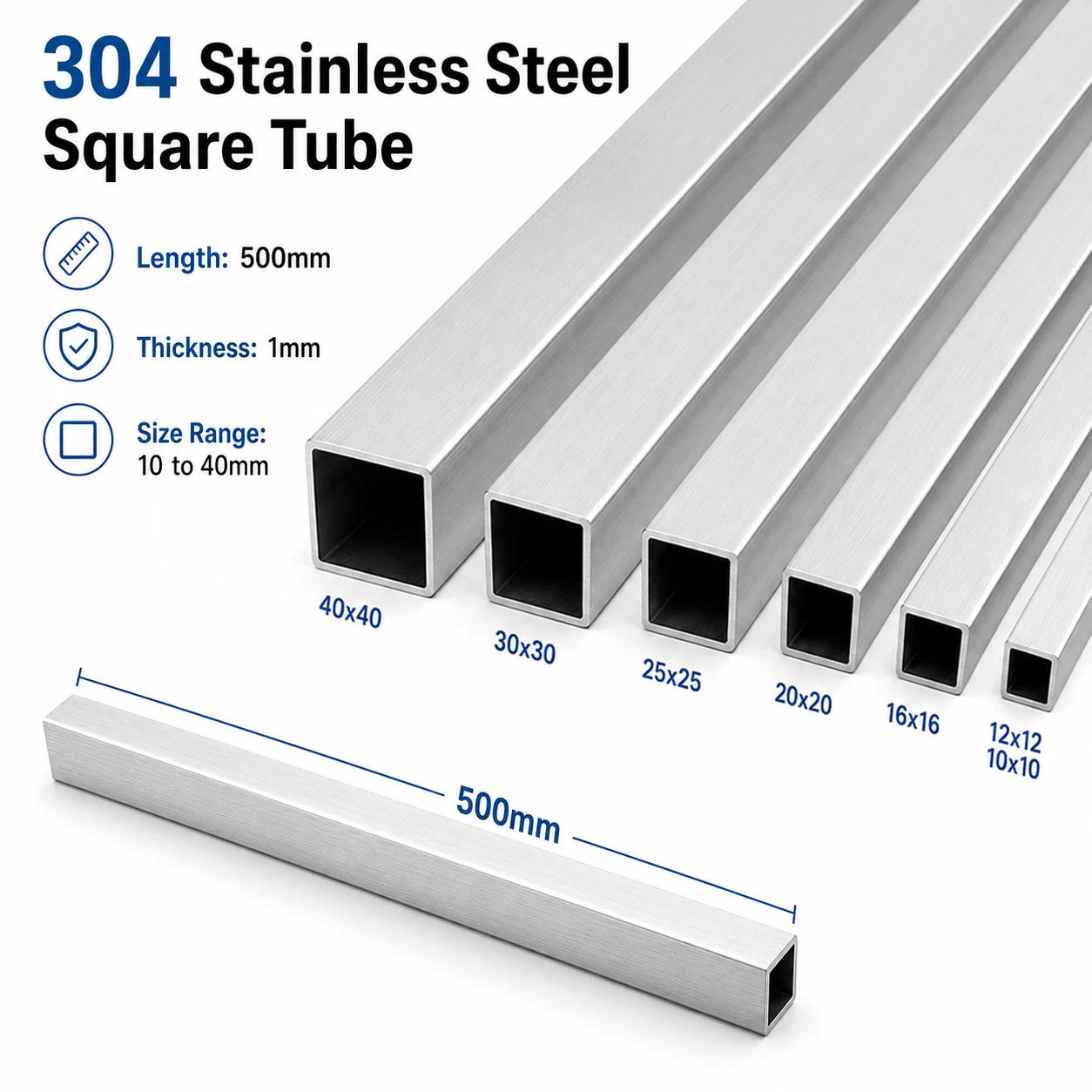 1-2pc 500mm 304 Stainlesss Square Tubing, Lightweight Hollow Steel Bar 10-40mm for Framework, Support, Handrails & Crafts