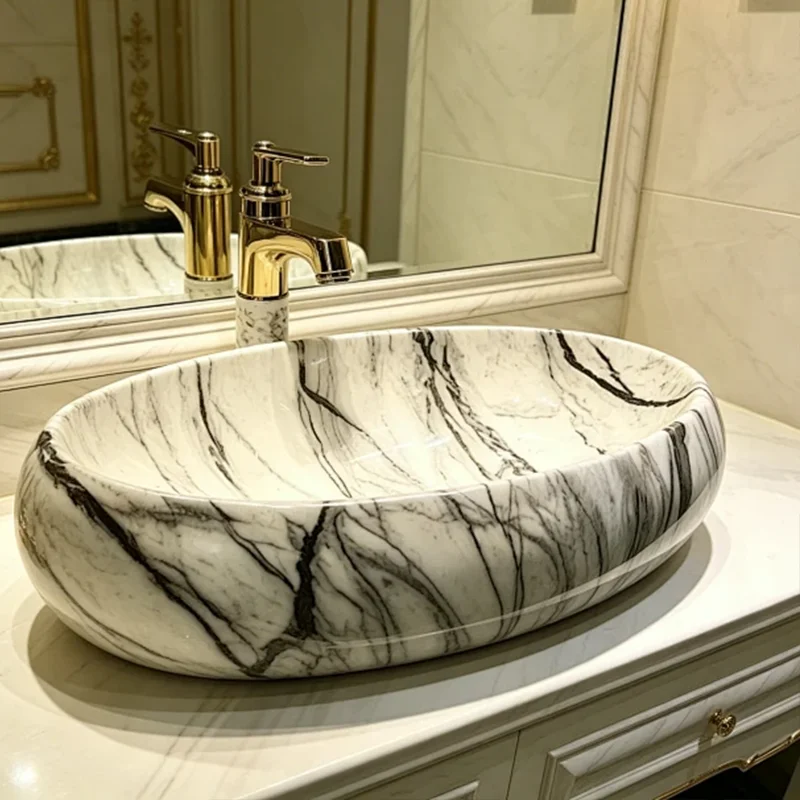 60Cm*40Cm Oval-Shaped Stone-Patterned Ceramic Washbasin, an Ideal Choice for Modern Bathroom Fixtures, Suitable for Changing Rooms, Vanity Tables, Bathrooms, Toilets, and Rvs