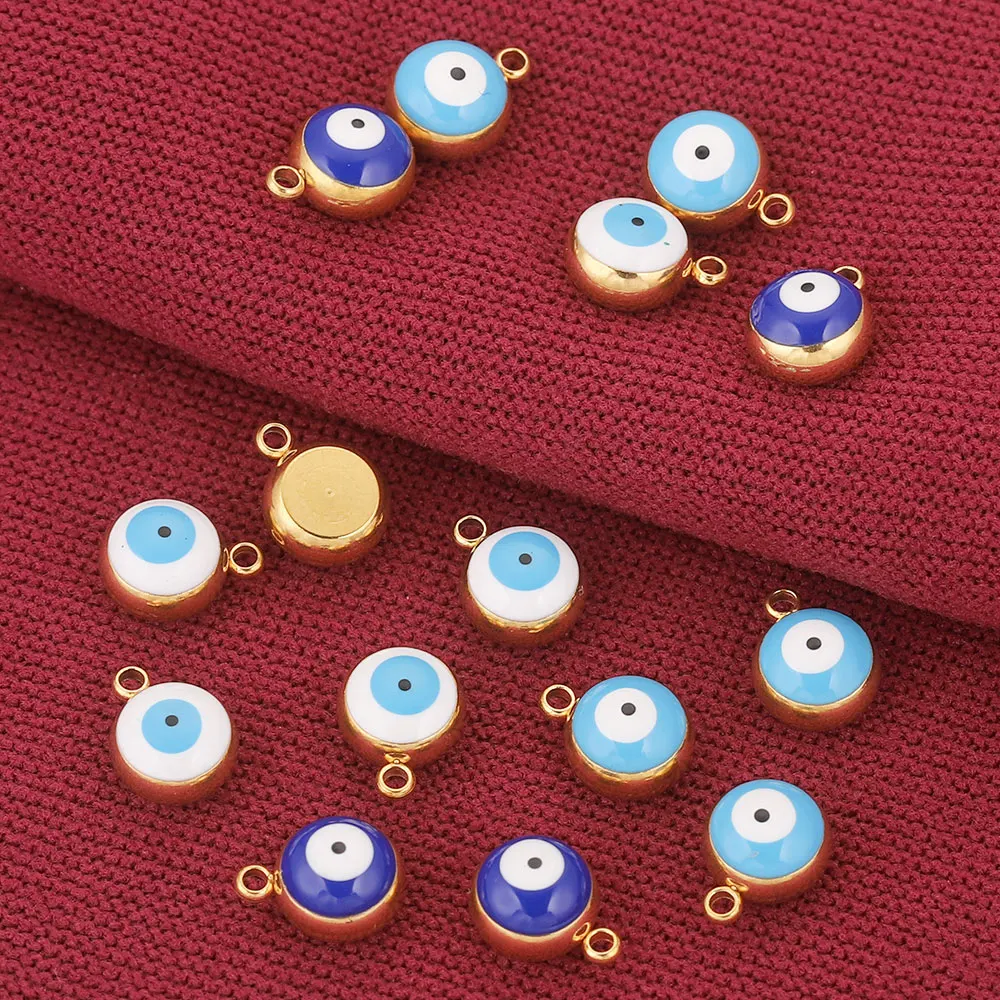 10pcs 5 6 8mm Stainless Steel Round Enamel Sky Blue White Evil Eye Charms for Jewelry Making Findings Earring Bracelet Wholesale