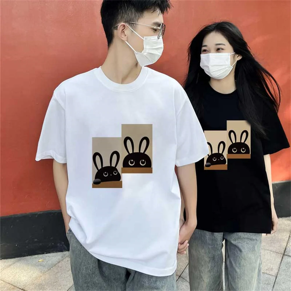 100% Cotton Summer Fashion Men Women Unisex Tshirt Korean Casual Loose Kawaii Double Muppet Rabbit Print Short Sleeve Tee