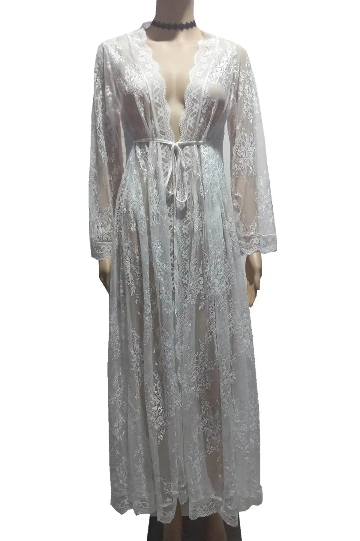New Wave Lace Trim Belted Long Dress Loose Beach Cover up Holiday Swimwear Cover Bohemian Sweet Style Bell Sleeve Cardigan view 5