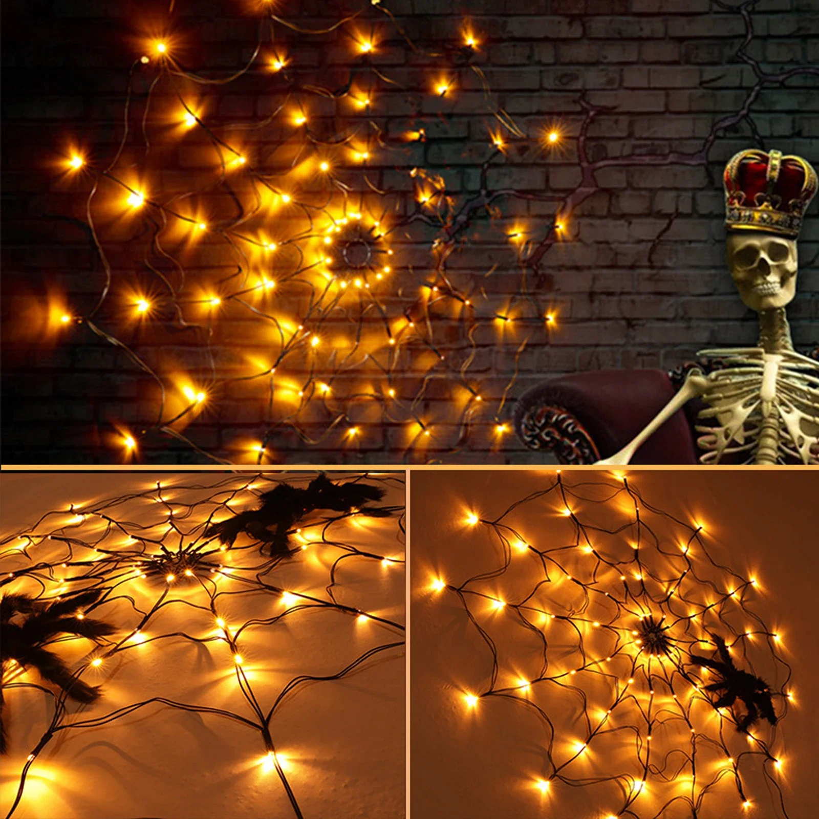 Toile d'araignée décorations d'halloween lumière toile d'araignée filet mural lumière scintillante pour atmosphère d'halloween décoration intérieure guirlande lampe