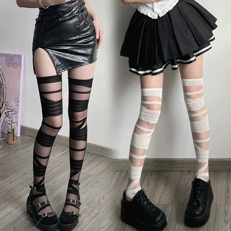 Bas en résille en maille de dentelle sexy, chaussettes hautes au genou, fleur évidée, nœud bandage JK, lolita Kawaii, bas punk, Y2K