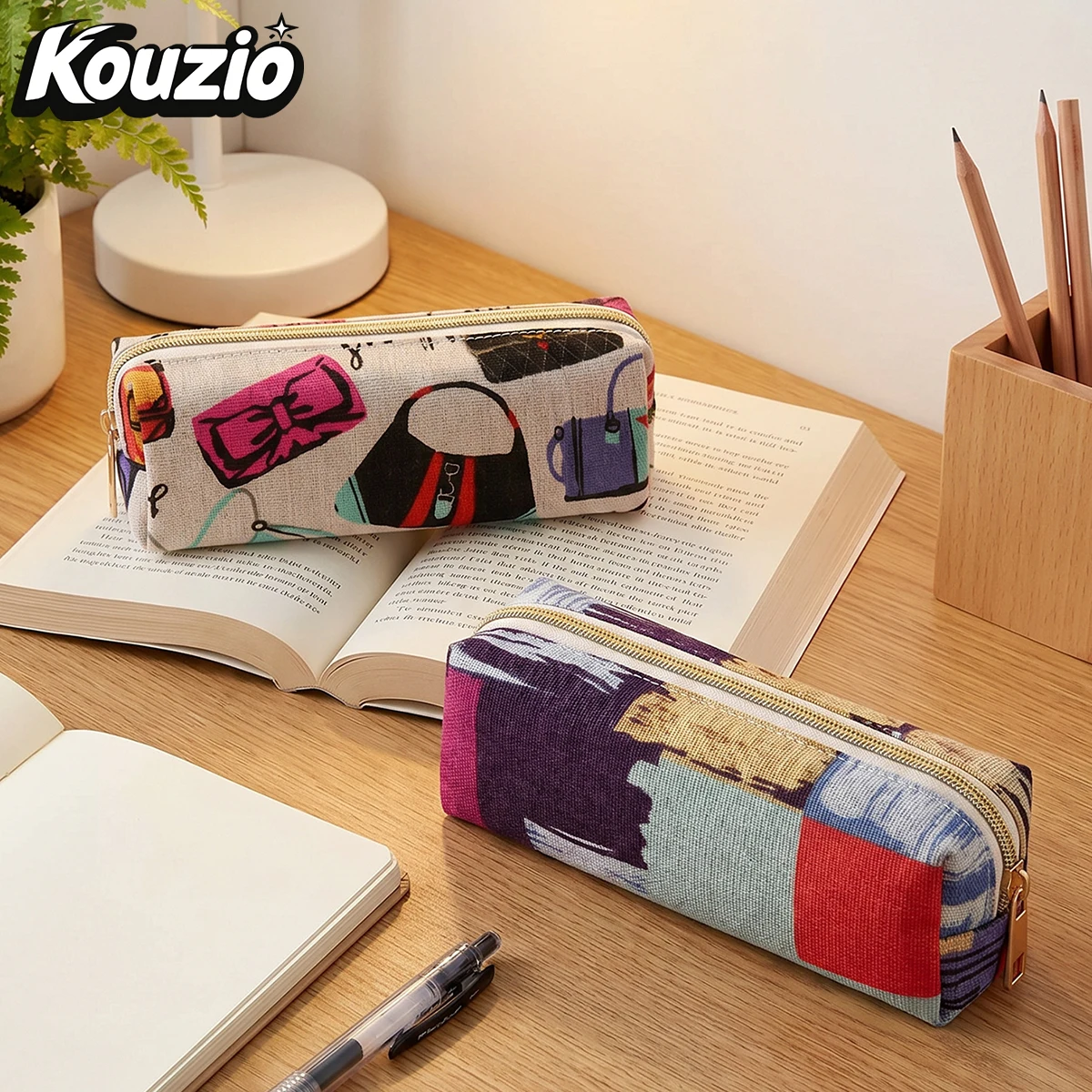 Abstract Art Print Linen Pencil Case Large Capacity Zipper Stationery Organizer Portable Pen Pouch Back To School Supplies