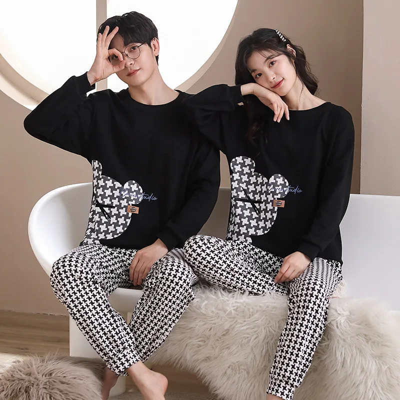 

Korean Fashion Nightwear Cotton Women's Sleepwear O Neck Pajamas Set Men's Homewear Autumn Spring Couples pijamas para parejas