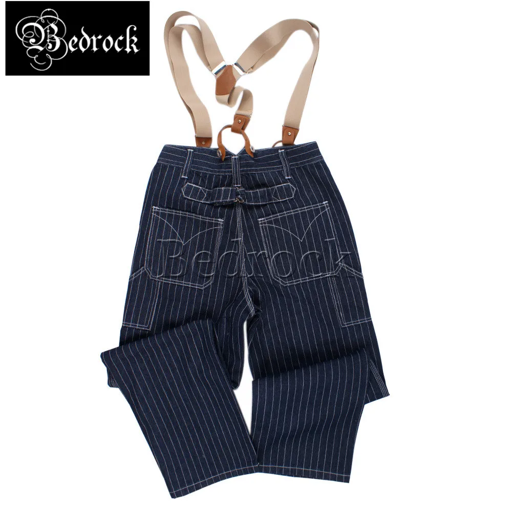 13.5oz men's blue wide-leg striped jeans button fly Loose rail suspenders cargo pants Amekaji Paris buckle denim biker overalls