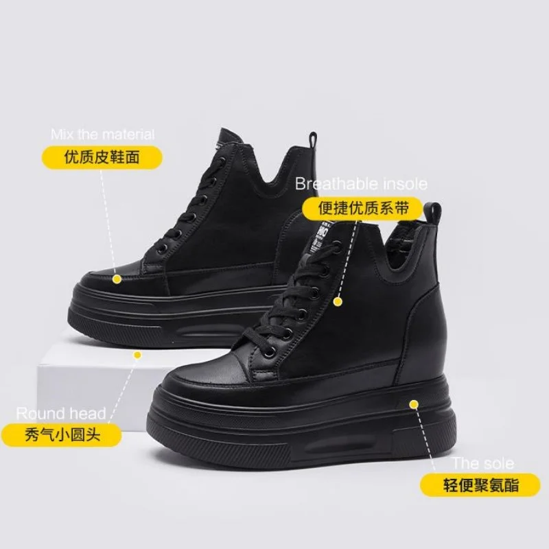 Autumn High Platform Sneakers 10CM High Heels Women Thick Sole Ankle Boots Leather Wedge Winter Casual Shoes black Boots