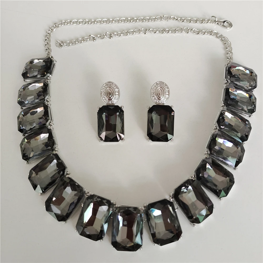 2026 New Fashion Gray Square Glass Crystal Choker Necklace Earrings Women Jewelry Sets Korean Statement Large Collar Necklace