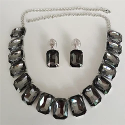 2026 New Fashion Gray Square Glass Crystal Choker Necklace Earrings Women Jewelry Sets Korean Statement Large Collar Necklace