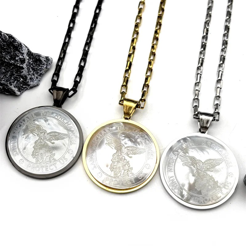 

SAINT MICHAEL PROTECT US Archangel Stainless Steel Shell Pendant Necklace for Women Men Gold Color Necklace Amulet Jewelry