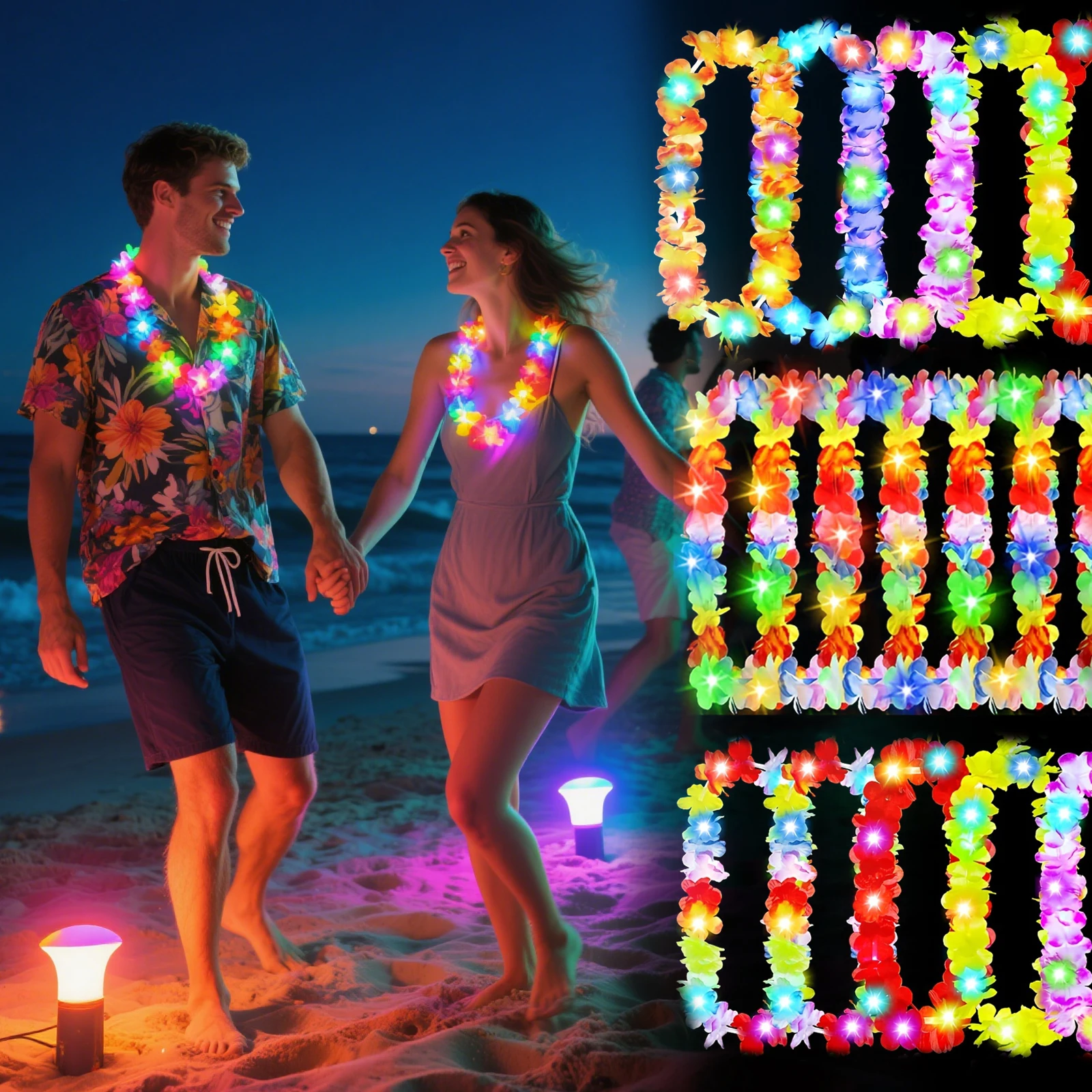 LED Light 24pcs Colorful Random Style Hawaiian Flower Necklace - Party Lei, Suitable for Tropical Hawaiian Evenings, Camping