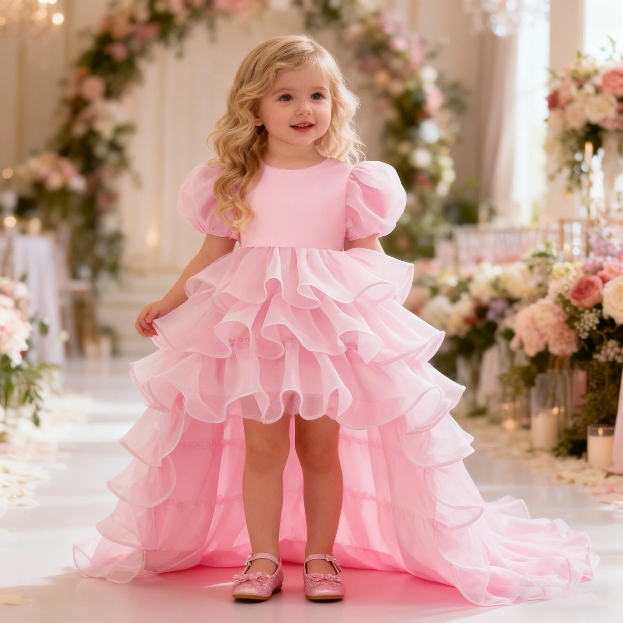

Elegant Pink Party Baby Girls Dress Fluffy Trailing Tulle 1st Birthday Wedding Prom Princess Dresses Bow Bridesmaid Kids Clothes