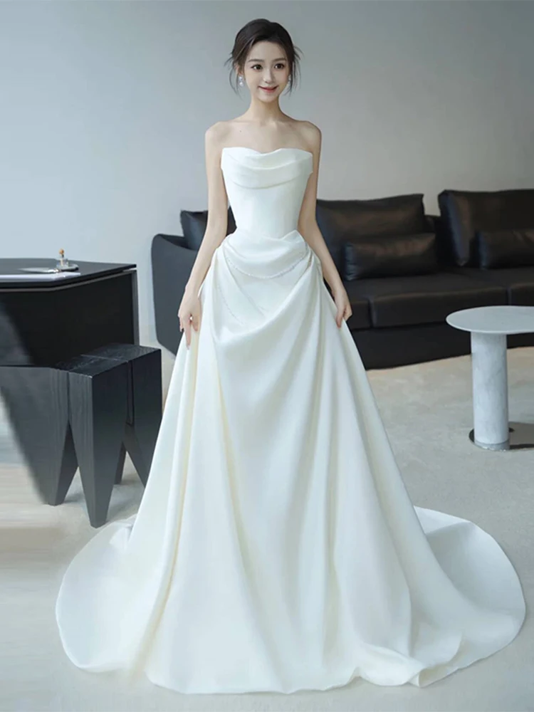 

Ele Satin Bridal Gown with Train for Women Simple Sle Zipper mid Waist No Sve oulder Cover Wedding Dr