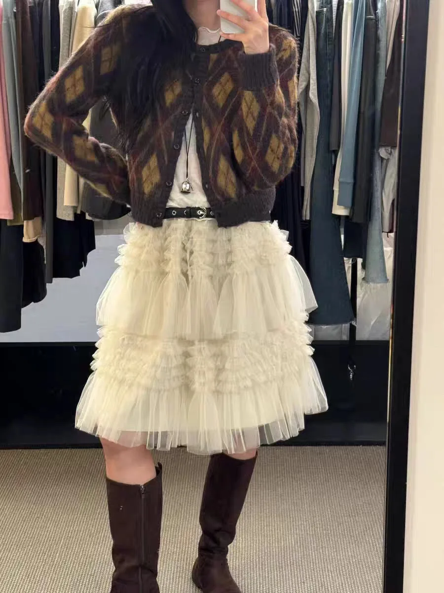 

Новая весенняя юбка MOSA2026 в стиле Dongda Gate, однотонная, стройнящая, пышная, многоярусная, длины до колена, повседневная, с высокой талией...