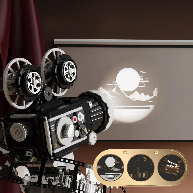 iDEA Film Retro Proyektor Film Simulasi Blok Bangunan Koleksi Mainan Bata Model Konstruksi Mesin Klasik dengan Cahaya
