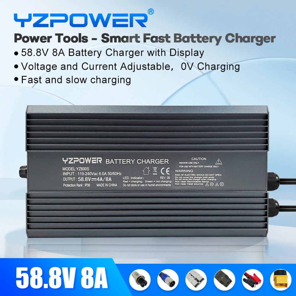 

YZPOWER 58.8V 8A lithium battery charger 14S 48V smart charger DC fast charging input 110-240Vac with display screen