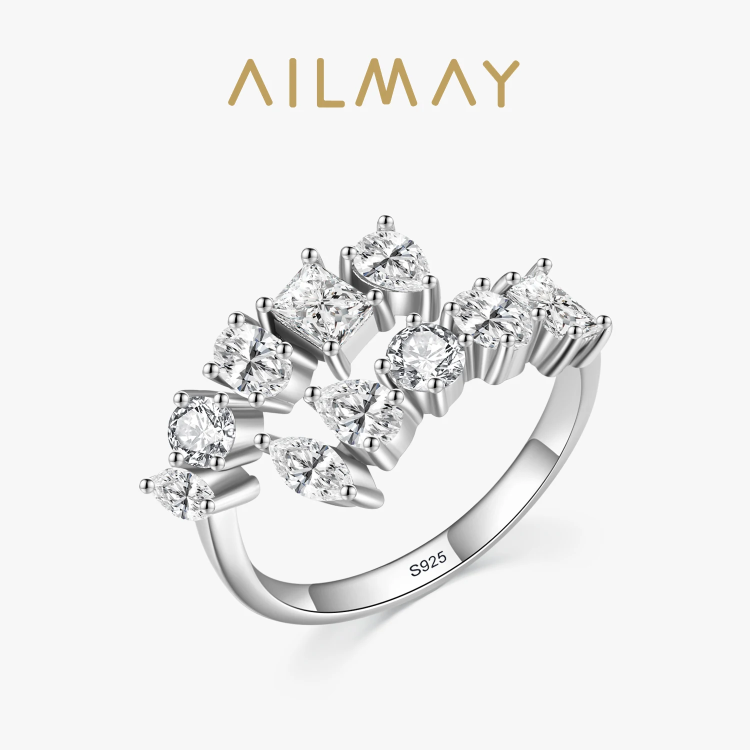 Ailmay Fashion 925 Sterling Silver Dazzling Geometric Clear Zircon Adjustable Rings For Women Classic Luxury Wedding Jewelry