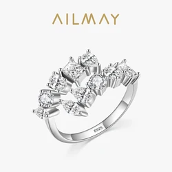 Ailmay-Anillo de Plata de Ley 925 con circonita transparente, anillo ajustable, diseño geométrico, deslumbrante, clásico, lujoso, para boda