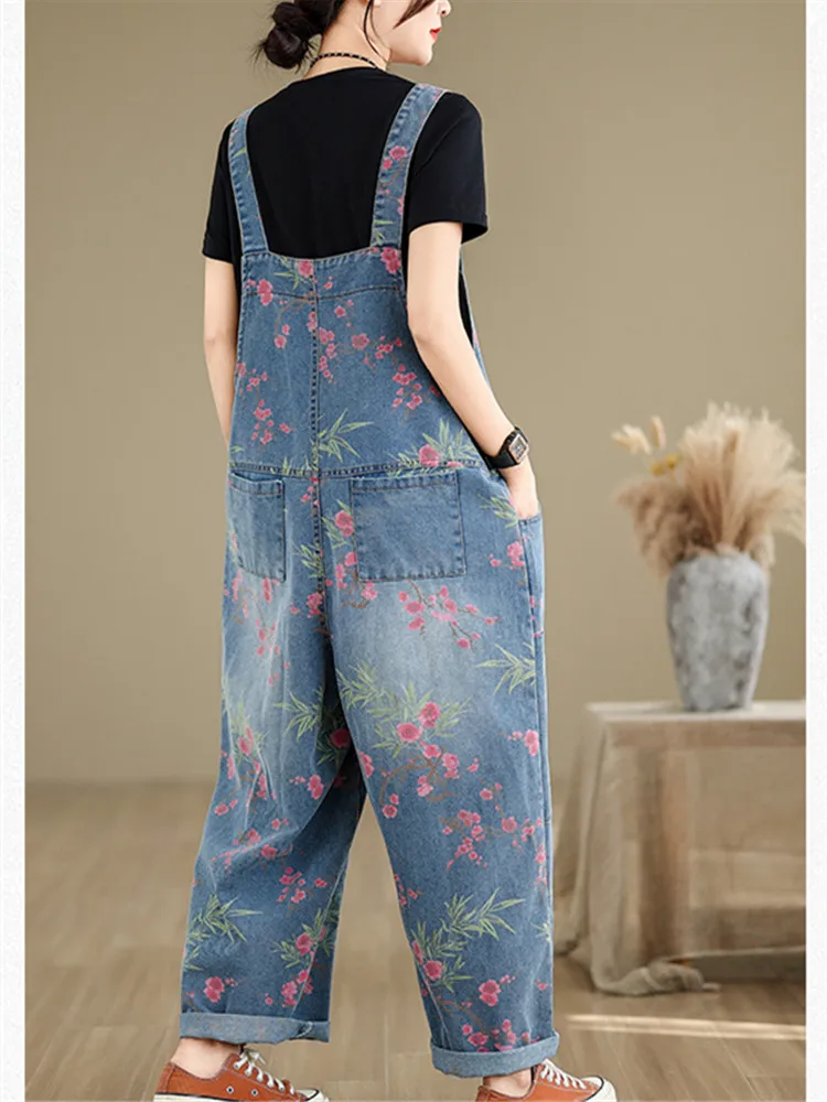 Spring Autumn Fashion Streetwear Print Denim Jumpsuit Women Casual Loose Wide Leg Pants Rompers Pockets Straps Jeans Overalls