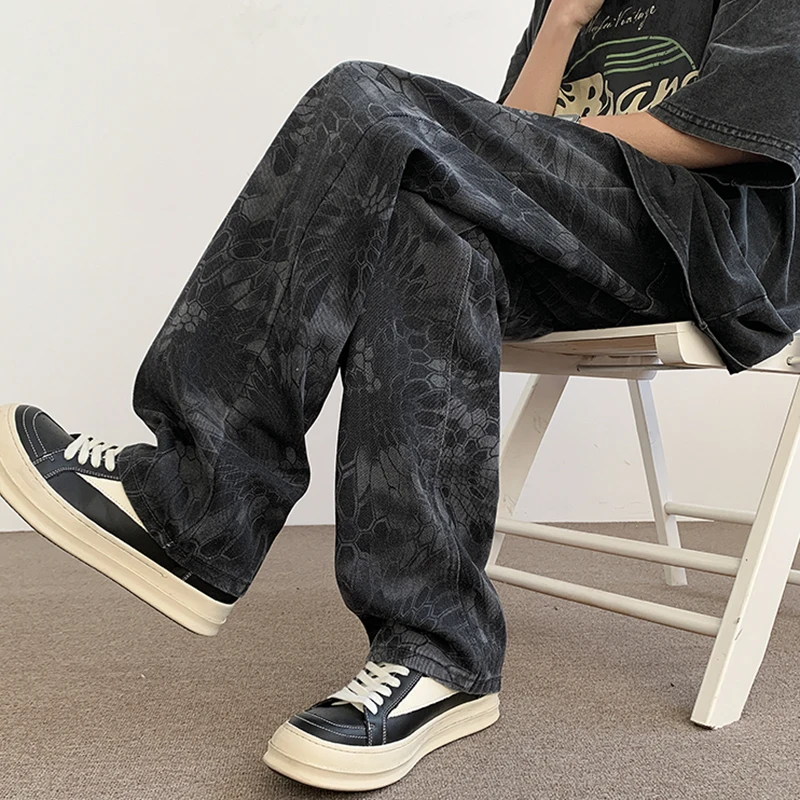 

Мужские парусиновые камуфляжные универсальные джинсы со змеиным принтом, свободные джинсовые брюки High Street, повседневная молодежная уличная одежда, брюки цвета хаки