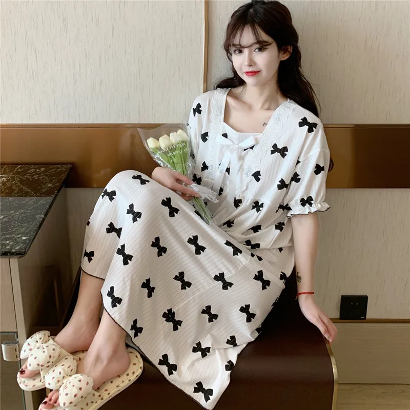 Princess Women Short Sleeve Nightwear Print Cartoon Sleepshirt Sexy Lace Trim Home Dress Loose Sleepwear Kawaii Nightgown