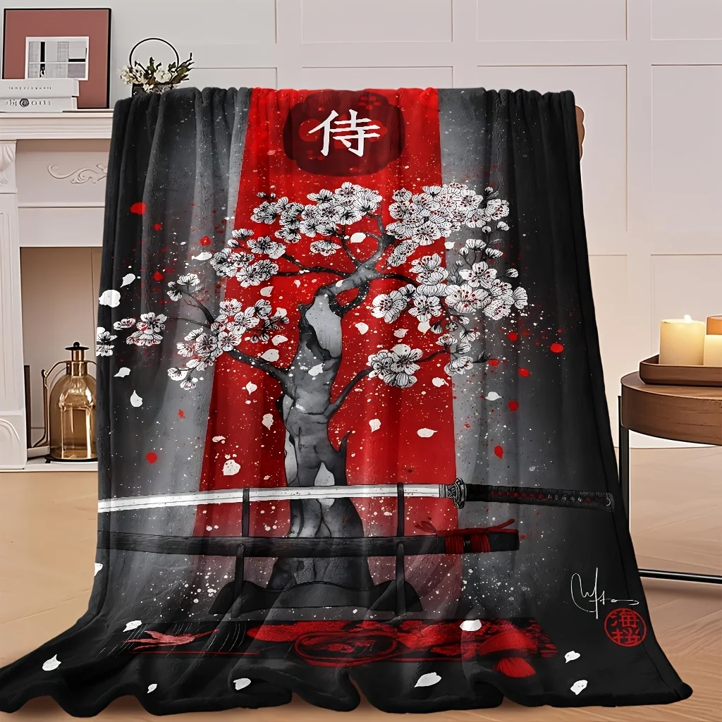 Japanese Samurai Kanji White Cherry Blossom Katana Red Stripe Print Flannel Blanket Soft Throw For Sofa Bedroom Indoor Daily