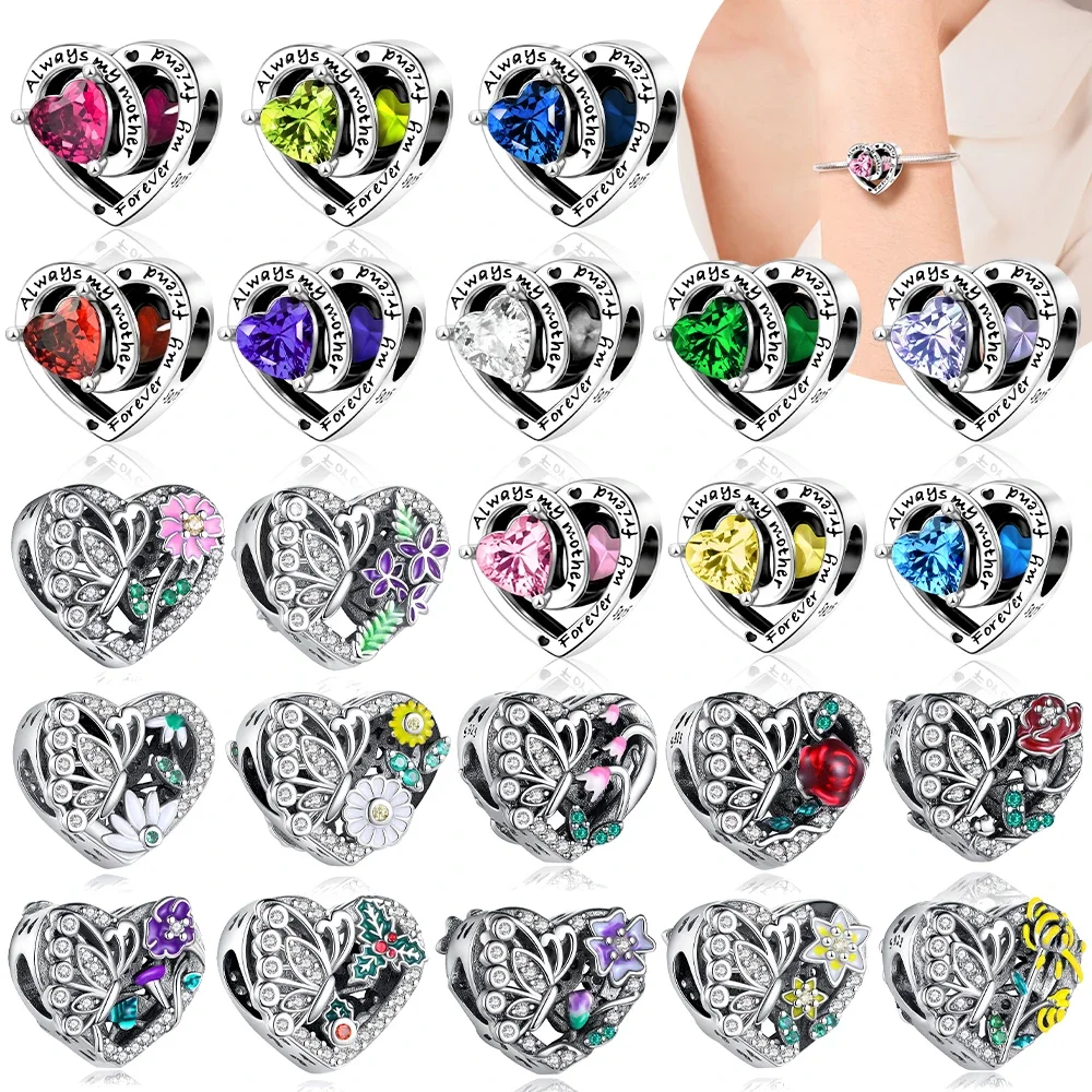 Abalorio Original de Plata Bañada en Plata con Diseño de Corazón de Hija, Mariposa y Piedra de Nacimiento, Compatible con Pulseras y Llaveros, Accesorio de Regalo DIY para Mujer