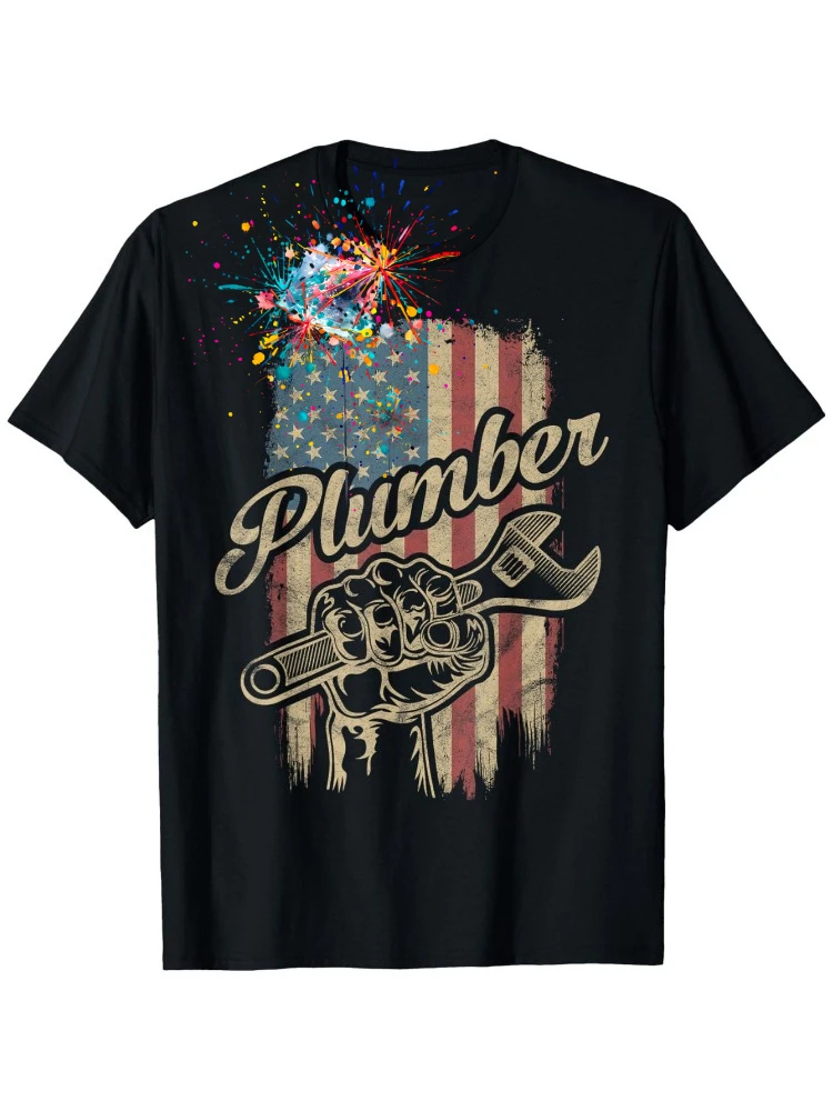 

Plumber American Flag Plumbing Gift Pipe Wrench Patriotic design-100%cotton summer O-neck short sleeve printed men's T-shirt.