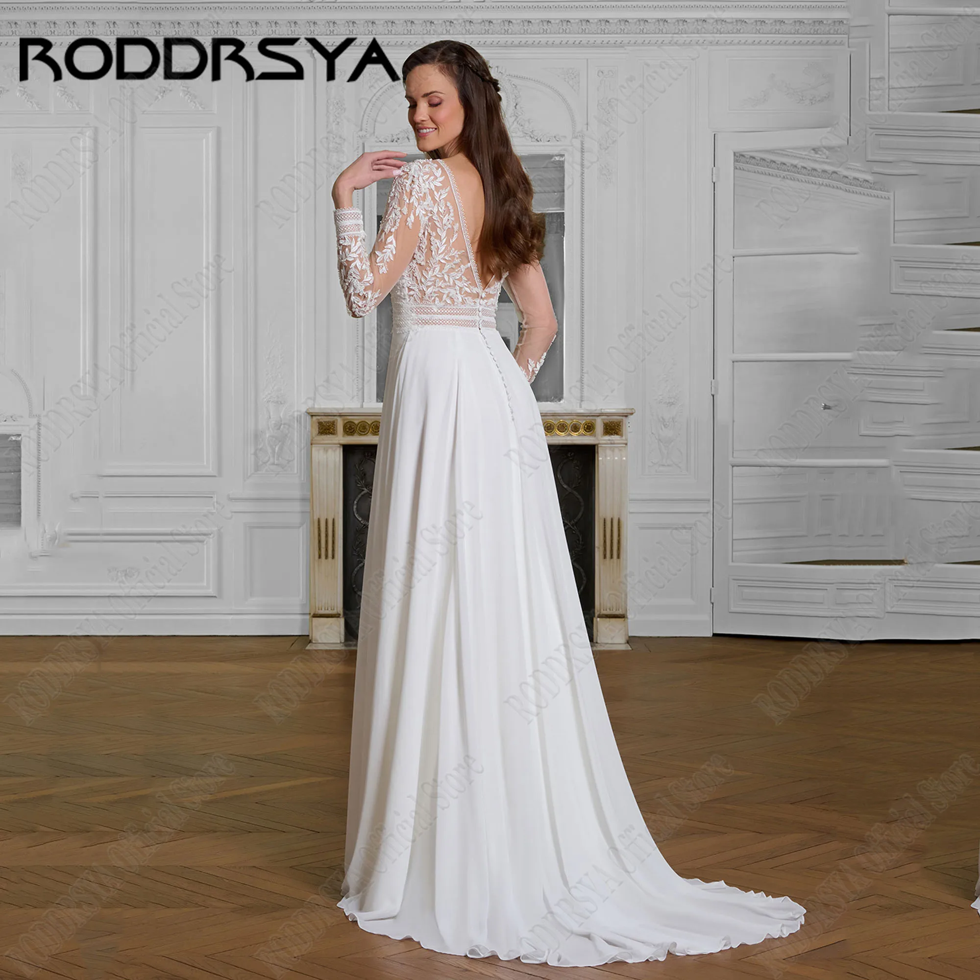 RODDRSYA Elegante A Linha Vestido De Noiva Manga Comprida Ilusão Voltar Vestido De Noiva Para As Mulheres Chiffon Applique Robe De Mariée PersonalizadoRODRSYA Elegante A Linha Vestido de Noiva Mangas Longas Ilusão Volt