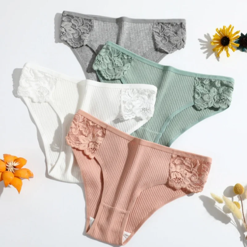 1PC Cotton Panties Women Low Rise Briefs Breathable Lace Trims Underwear Solid Color Panty Female Underpants Sexy Lingerie