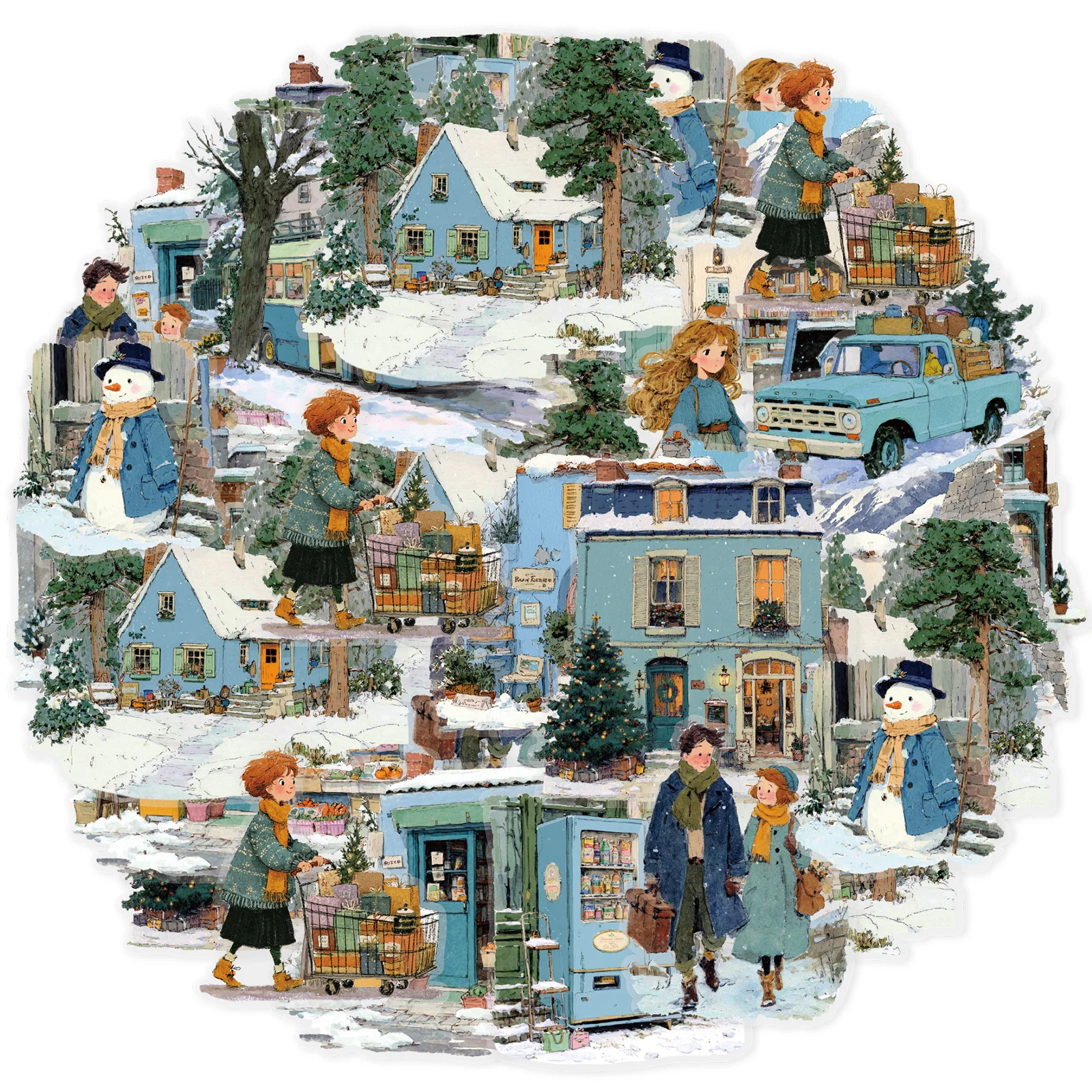 Etori Life Shopping Trip Winter Cottage mit Märchenfiguren und Landschaftsaufkleberpaket für Scrapbooking-Zubehör, Raumdekoration, Geschenkbox-Verpackung, Notizbücher, Telefonaufkleber, Fotoalben,