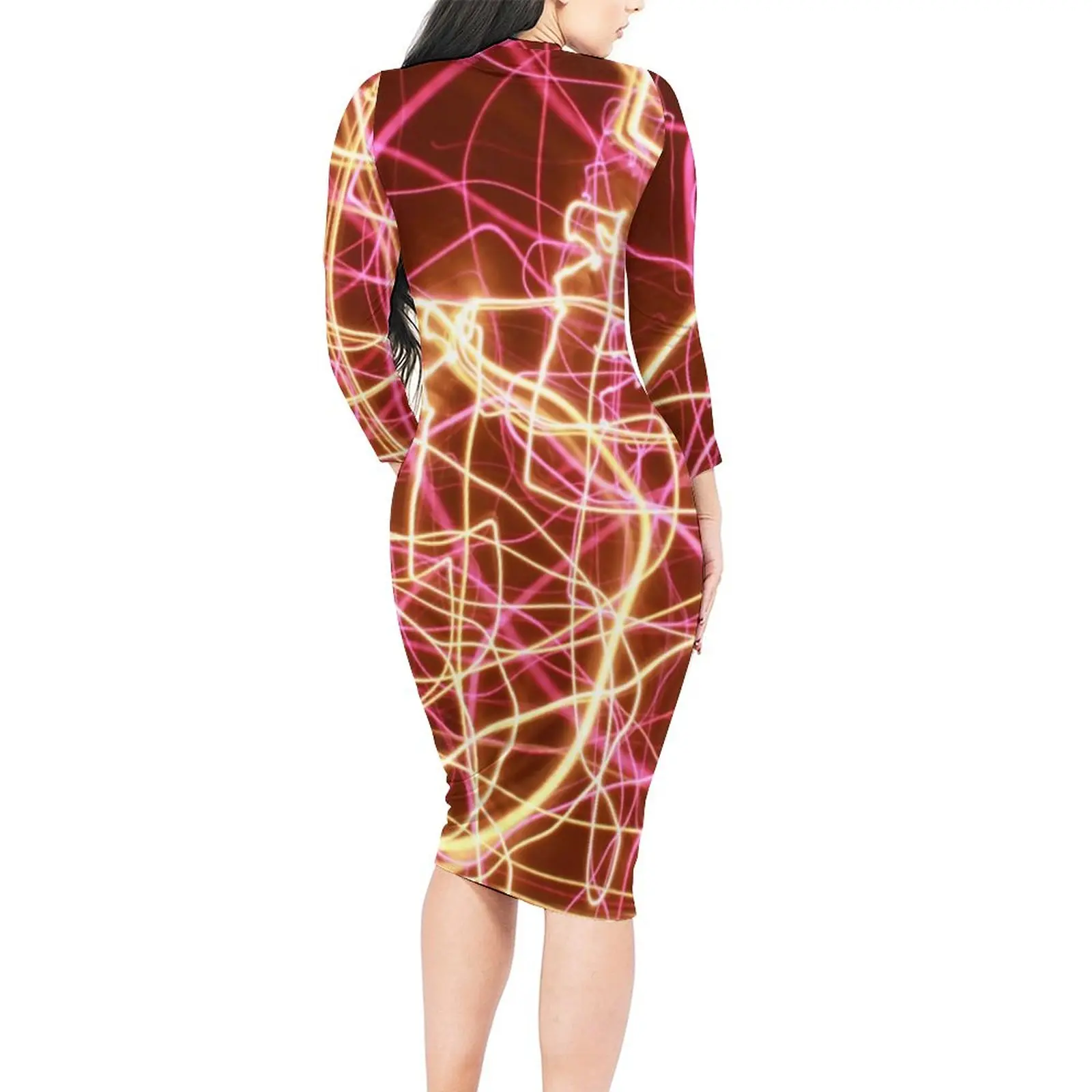 Fluorescent Lines Dress Long Sleeve Abstract Print Aesthetic Dresses Autumn Club Bodycon Dress Woman Graphic Big Size Clothing