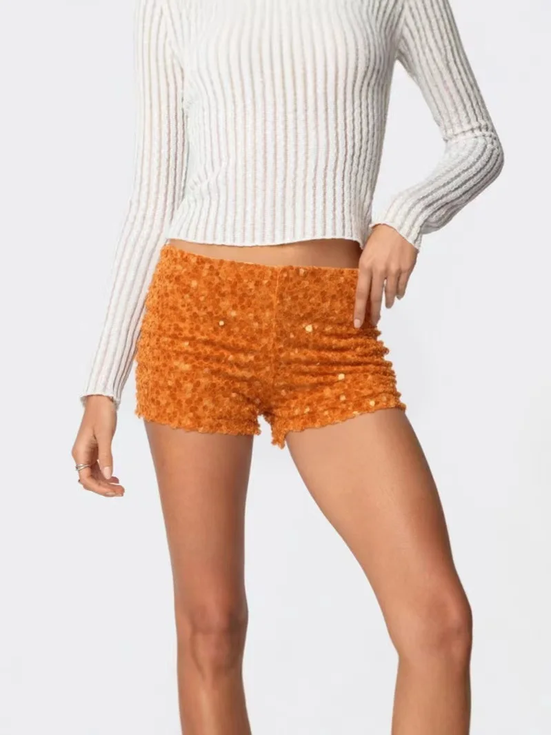 Nowe Eleganckie Mini Szorty z Cekinami 2025 Lato Jesień Brokatowe Damskie Ubrania Klubowe Streetwear Kobiety Sexy Wysoki Stan Obcisłe Szorty na Imprezę