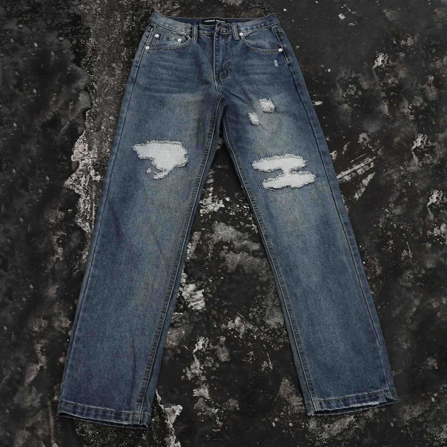 Mens Vintage Blue Distressed Patchwork Jeans Washed Straight Leg Denim Pants with Worn Details for Alternative Streetwear