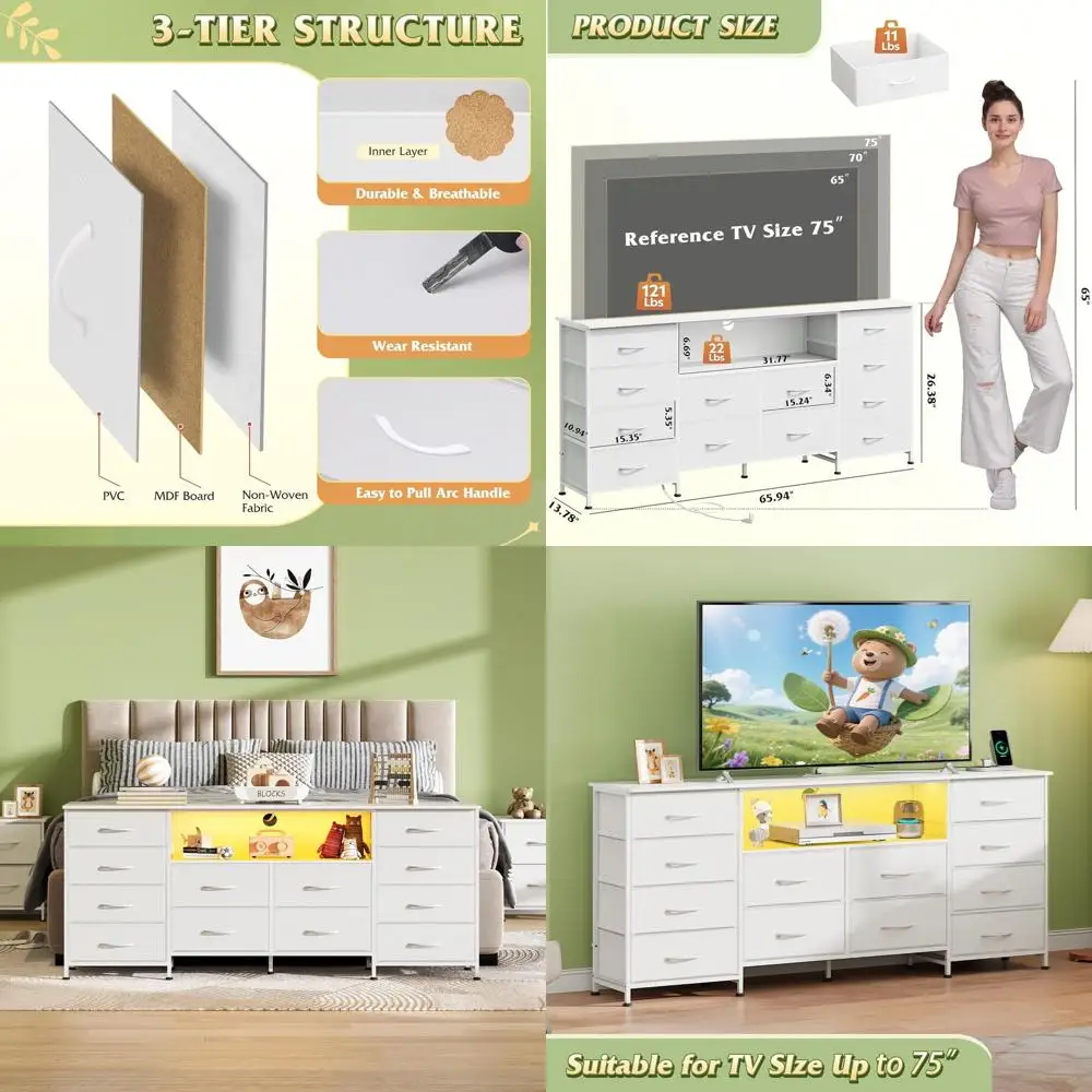 Bedroom Dresser with Open Shelves, TV Stand for 65-75 Inch LED TVs, Charging Station, 12 Drawer Dresser or Closet, Living Room F