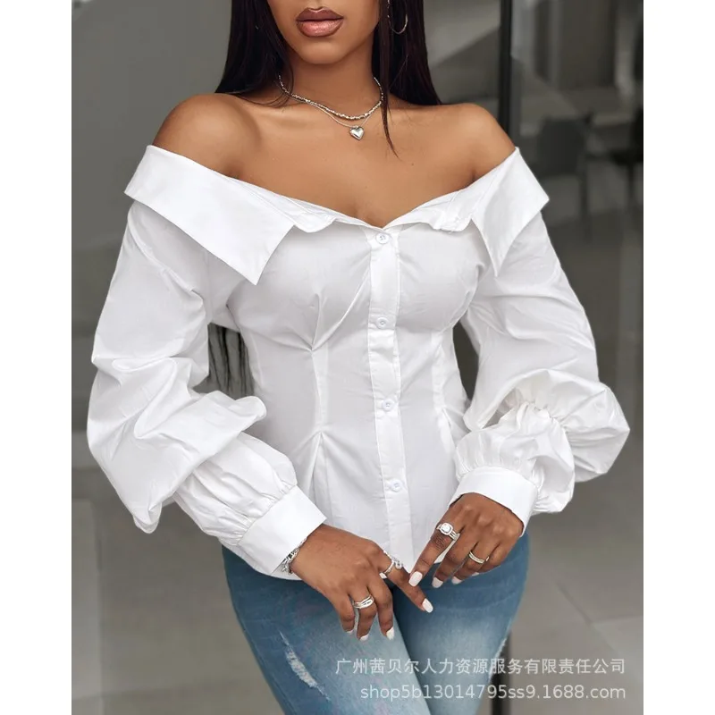 2024 Spring Summer New Women\'s Solid Color off-Shoulder Lantern Sleeve Single-Breasted Shirt Blouse