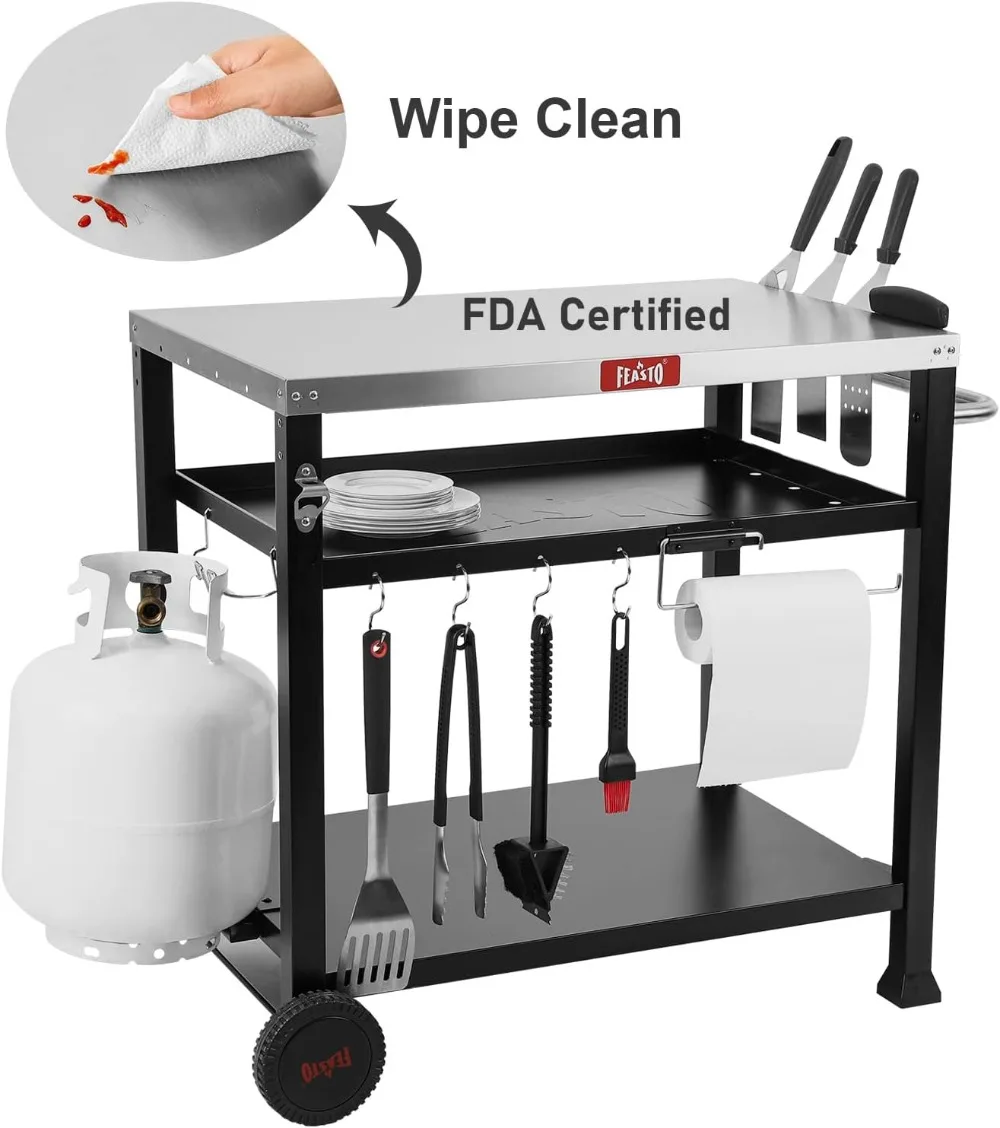 Tavolo per griglia da esterno a 3 ripiani con ruote, supporto per forno per pizza per piastra Blackstone, stazione di cottura mobile per interni ed esterni