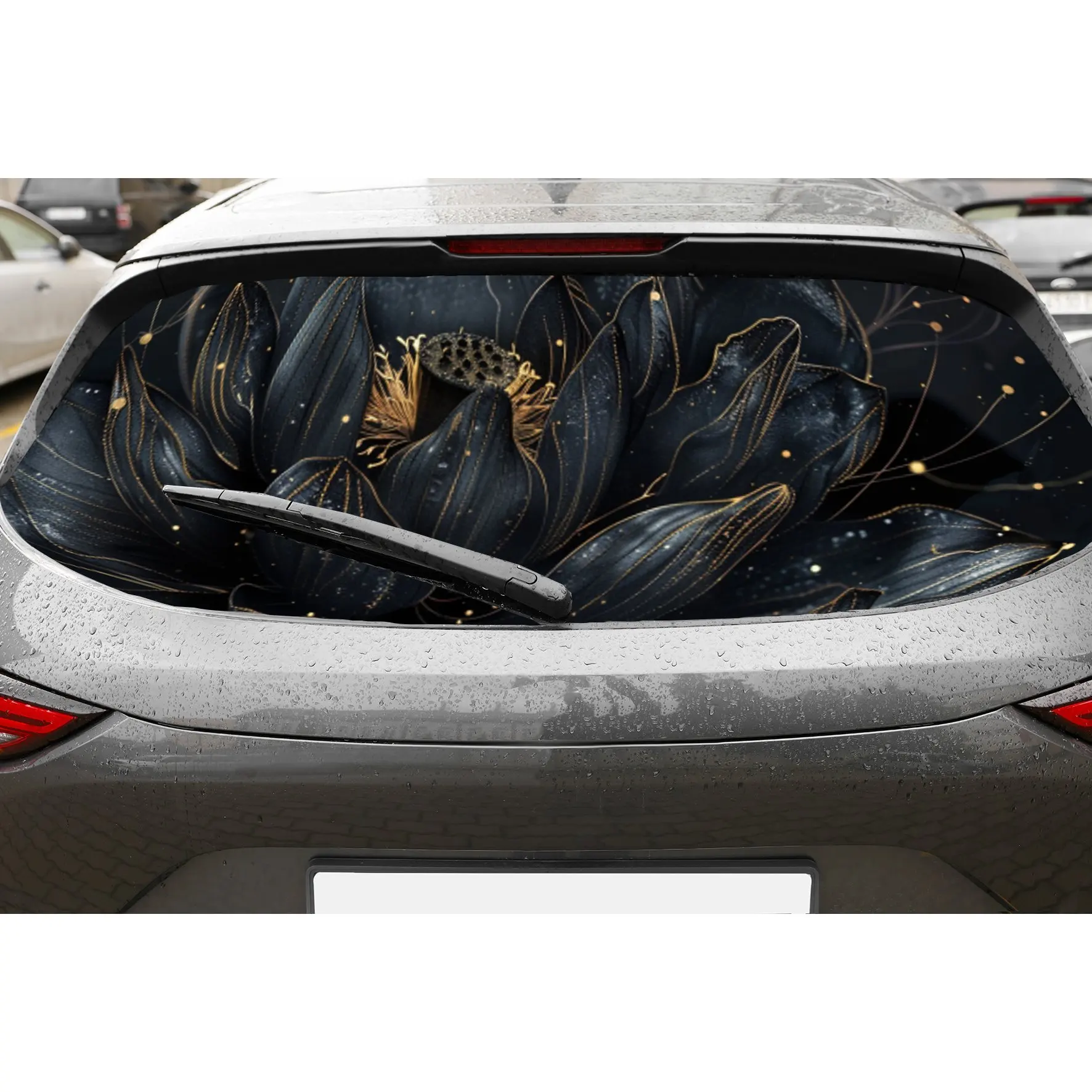 

Black - Gold Lotus PVC Perforated Car Vinyl Wraps, Privacy Enhancing Design for Rear Window, Car Rear Windshield Sticker for Mos