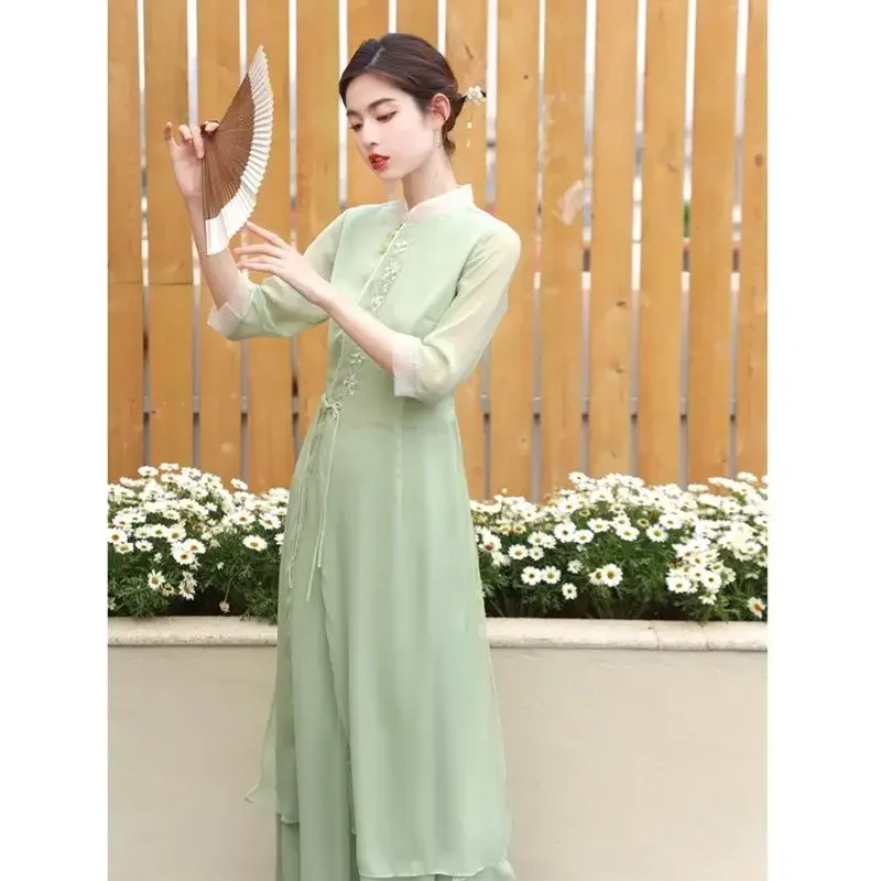 فستان حفلات فني للشاي من Hanfu بتصميم كلاسيكي فيتنام آو داي فستان نسائي أنيق يومي من Hanfu آو داي فستان تشيباو اليومي المحسن