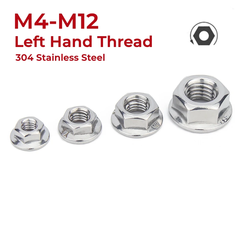 M4 M5 M6 M8 M10 M12 304 Stainless Steel Left Hand Thread Hexagon Flange Nuts Reverse Tooth Hex Lock Nuts With Pad Lock Nuts