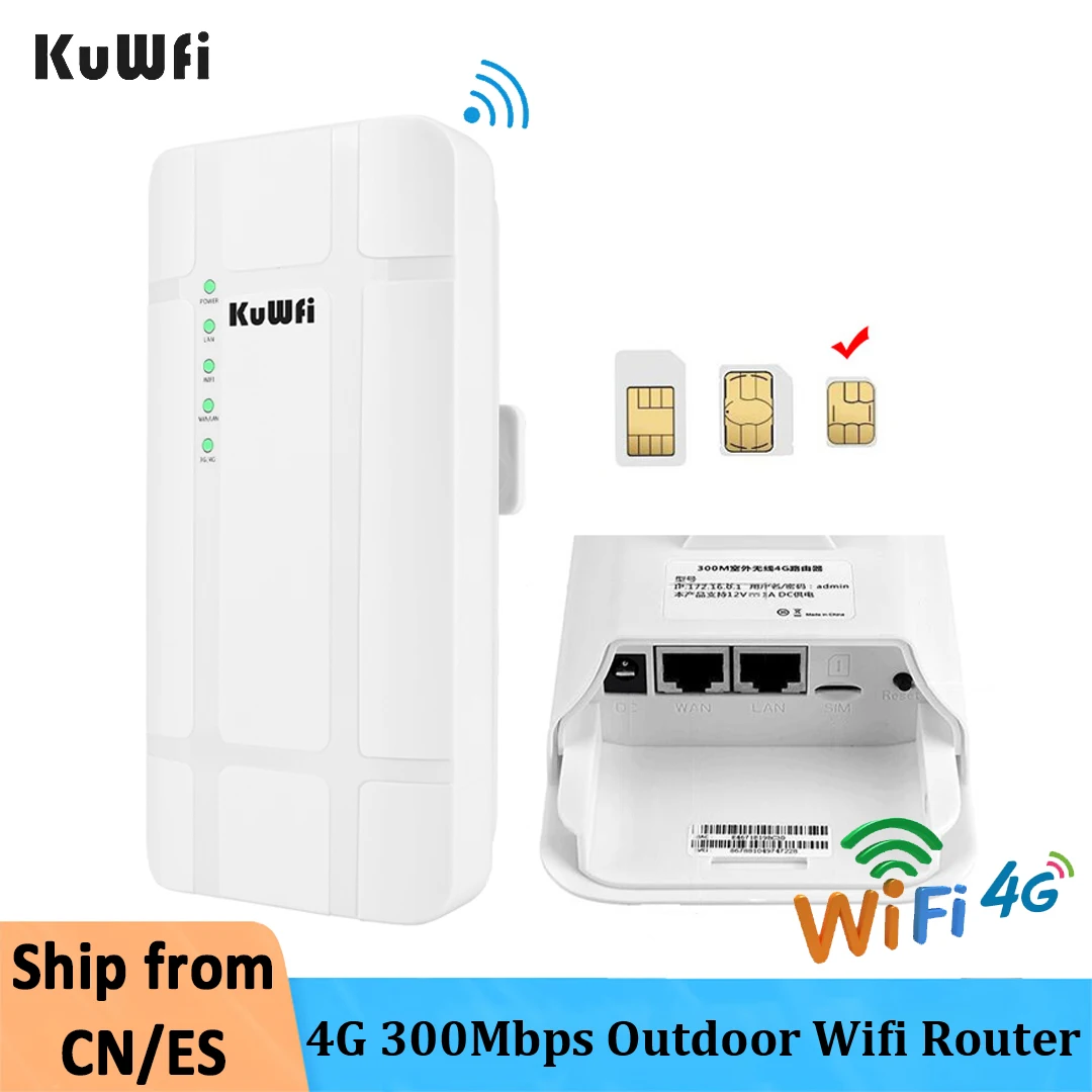 KuWFi Outdoor 4G WIFI Router With Sim Card 300Mbps Waterproof 24V POE Adapter High Gain Antenna Wireless Router for IP Camera